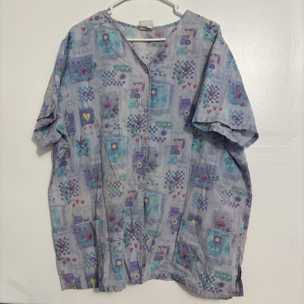 SIMPLY BASIC W's Short Sleeve Snap Front Scrub Top 2XL Flower Heart Blue Purple
